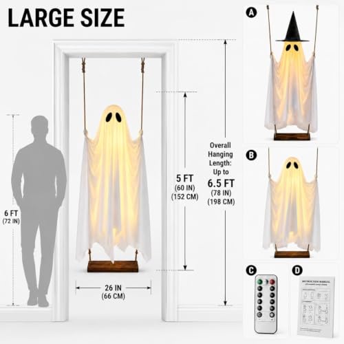 5 Ft Swinging Ghost Halloween Decoration with LED Lights & Removable Witch Hat