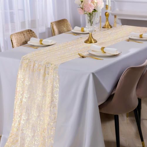 Gold Glitter Chiffon Table Runner 10Ft Sequin Gauze Party Decoration - Gold