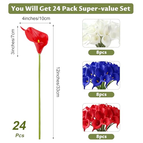 Artificial Calla Lily Flowers 24 Pcs for 4th of July Decorations - White, Red, Blue