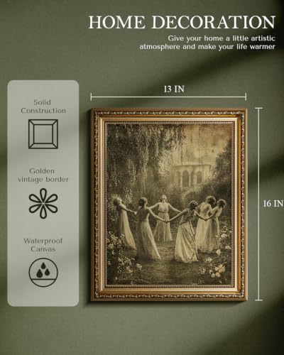 Witches Circle Dance Vintage Gold Framed Canvas Wall Art - 13x16 Inches
