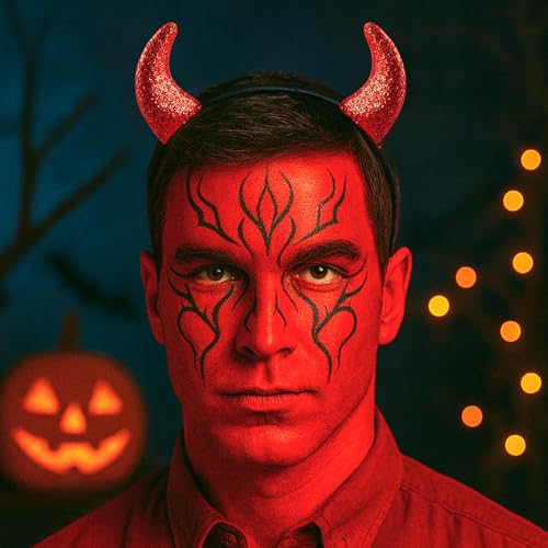 Devil Headband Makeup Kit - Water-Based Red Face Paint, Black Lipstick & Sponge for Halloween Costume