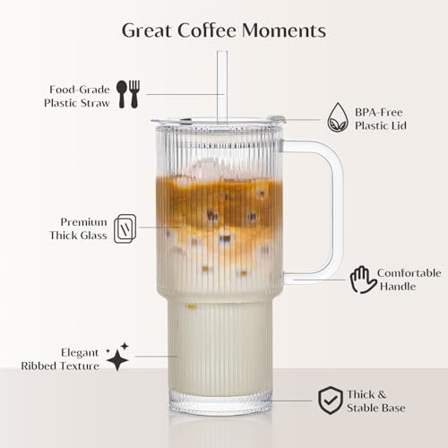 24 oz Ribbed Glass Tumbler with Handle - 2 Pack, Spill-Resistant Lid & Reusable Straw
