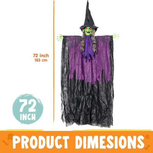Spellbound Witch Hanging Halloween Decor - 72 Inch Green Face Light-Up Ghost with Sound Activation