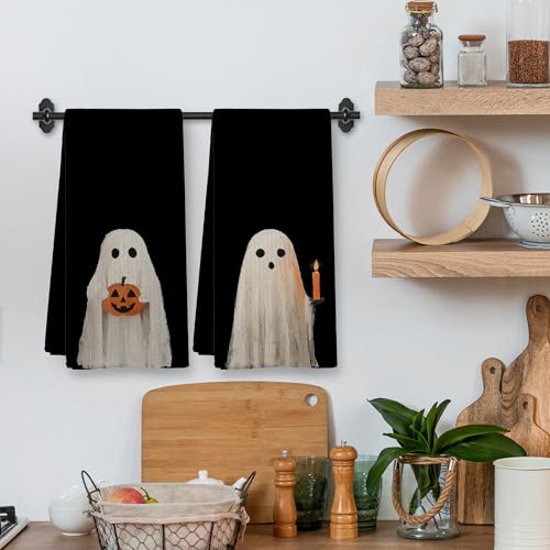 Black Ghost Halloween Kitchen Towels & Dishcloths Set of 2 - Fall Home Decor