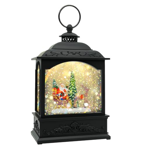 Christmas Snow Globe Lantern with Music & Timer - Black Santa LED Glitter Decor