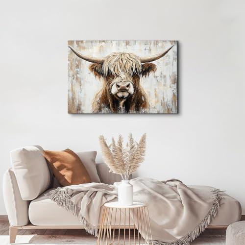 Longhorn Cow Wall Art Canvas - Rustic Highland Cow Decor 36x24 Variation of THIS listing Cow01