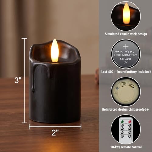 Black Flameless Votive Candles with Remote Timer - 400+ Hour Runtime, Real Wax, 6-Pack