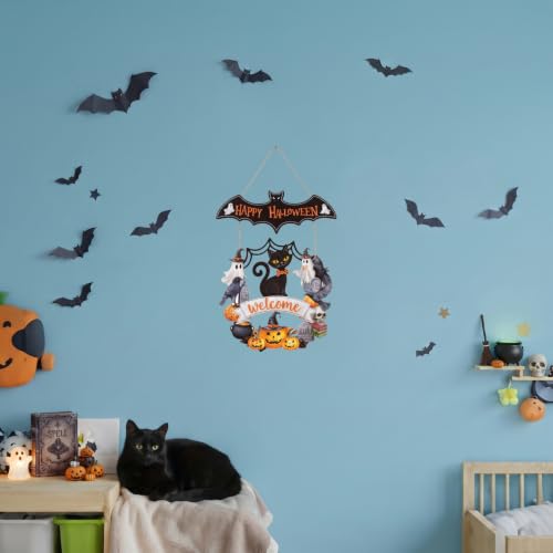 Halloween Ghost Wood Door Sign with Wreath - Spooky Fall Decor