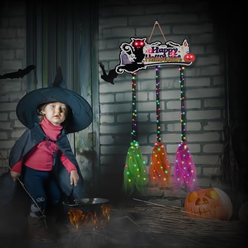 Halloween Light Up Sign with 3 Witches Brooms & Black Cat - Witch Variation A