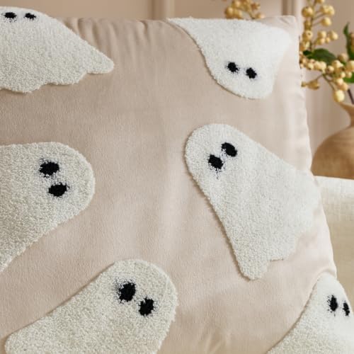MAZSHTTD Halloween Pillow Covers 20x20 Inch Set of 2 Embroidered Ghost Decor Beige