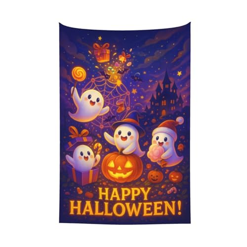 Halloween Tapestry Wall Hanging 60x40 Inches - Cute Ghost Pumpkin Castle Decor - Kid-Friendly Party Backdrop - Variation: Halloween / 60"L x 40"W