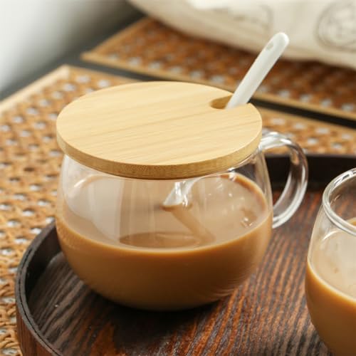 Belly Mug with Bamboo Lid & Tulip Spoon - 350ml Clear Glass Coffee Tea Cup