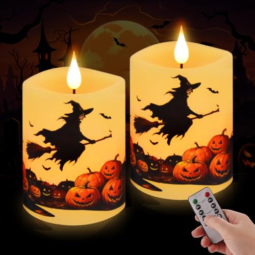 Halloween Flameless Candles Set of 2 - 3x4 Inch Ivory LED Pillars with Pumpkin & Witch Decals - Remote Timer