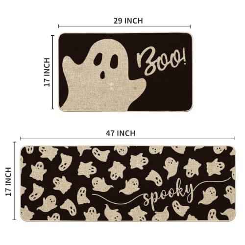 Ghosts Boo Halloween Kitchen Mats Set of 2 - 17x29 & 17x47 Black