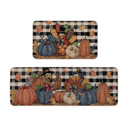 Fall Harvest Thanksgiving Kitchen Rugs Set of 2 - Non-Slip Floor Mats for Indoor & Outdoor Use