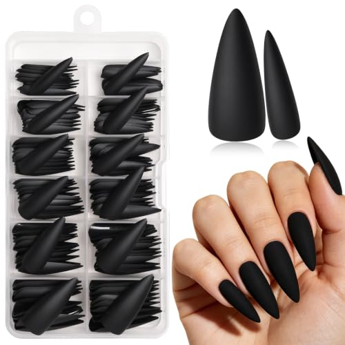 Black Stiletto Press On Nails Long Fake Nails - 144pcs with Glue & Tabs - AddFavor
