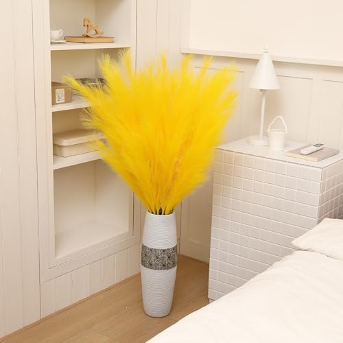Yellow Pampas Grass Decor - Faux 8 Pieces, 45 Inch Tall, Lifelike Fluffy Stems