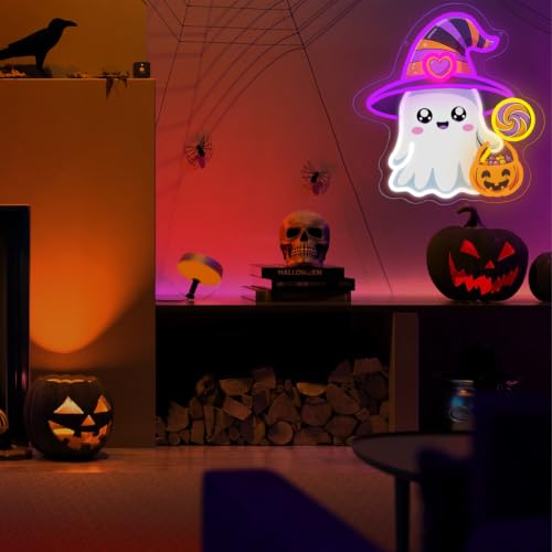 Halloween Ghost Neon Sign Dimmable with Witch Hat - Colorful LED Light