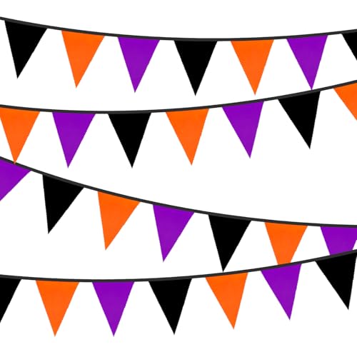 Halloween Pennant Banner - Black, Orange & Purple Fabric Triangle Bunting - 39Ft Indoor Outdoor Party Decor with Variation Black Orange Purple