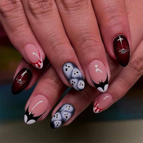 Halloween Short Almond Fake Nails with Blood Drip Bat & Ghost Designs - Style 30