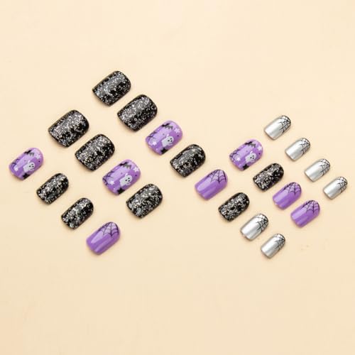 Halloween Short Press On Nails with Bat Ghost Spider Web Design - Purple 31