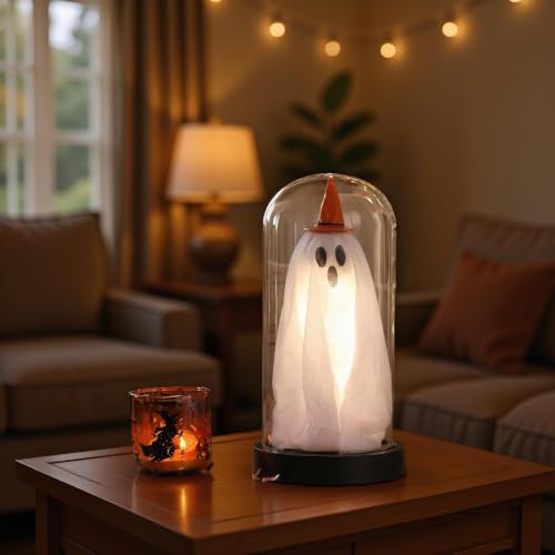 Light Up Ghost in Glass Cloche Halloween Decor - Yellow Hat Variant