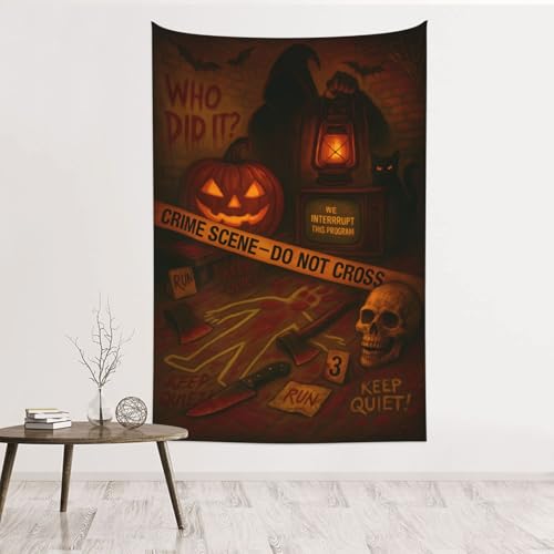 Halloween Crime Scene Tapestry 60x40 Inch - Murder Mystery Party Decor, Skeleton Wall Hanging, Detective Room Backdrop - Witch Variation 60"L x 40"W