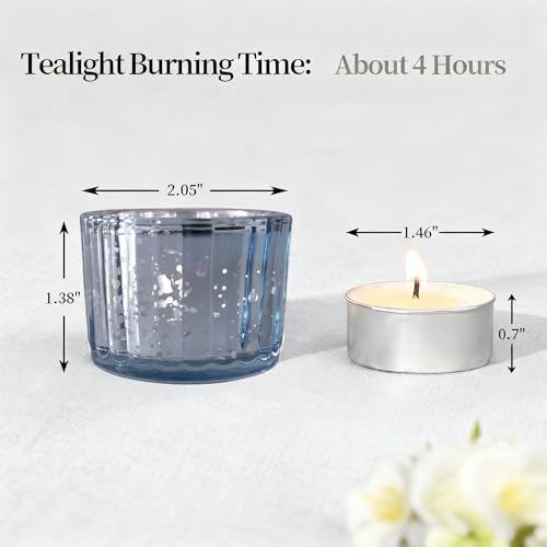 Blue Votive Candle Holders Set of 12 - Retro Embossed Glass Tea Light Decor