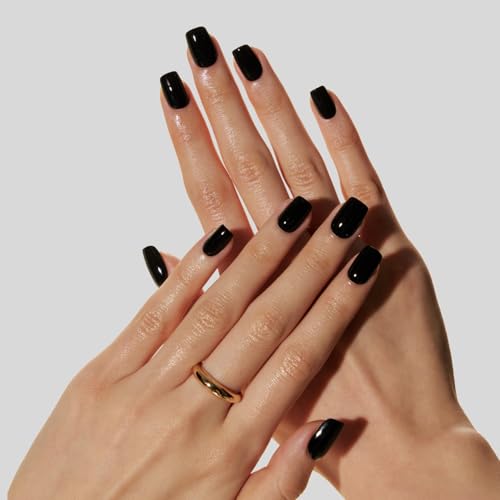 Black Short Square Press-On Nails Set - Reusable Gel Fake Nails with 16 Sizes, Midnight Variation