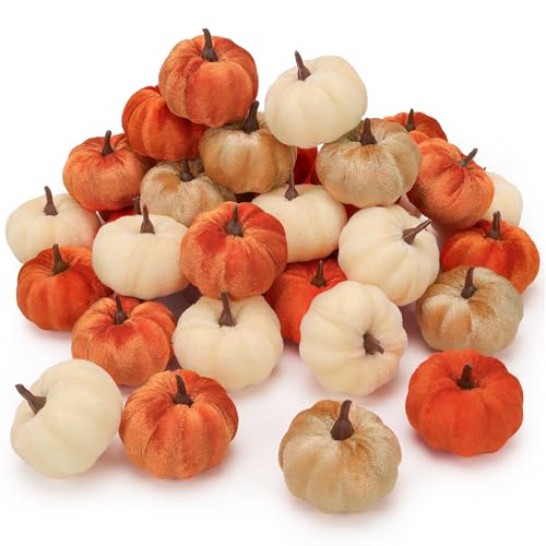 24 Pcs Faux Velvet Fall Pumpkins - Small Artificial Harvest Decorations