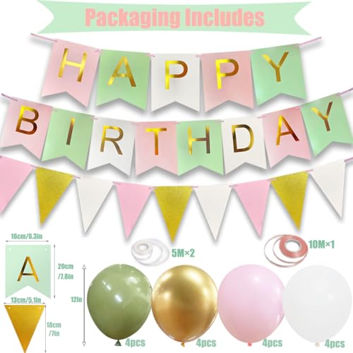 Happy Birthday Banner and Balloon Set - White Pink Green, 16 Balloons & Ribbons