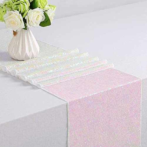 Iridescent White Sequin Table Runner Set - 12x108 Inches, 10 Pack