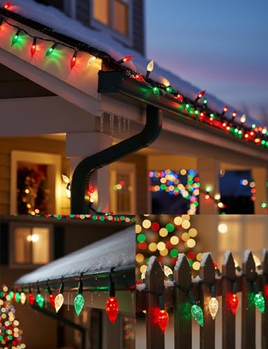 Christmas String Lights Outdoor 50ft 100 LED Faceted C6 - Red White Green