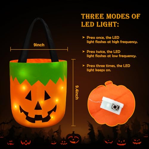 Halloween Candy Buckets with LED Lights - 2 Pack, Orange & Green Trick or Treat Baskets