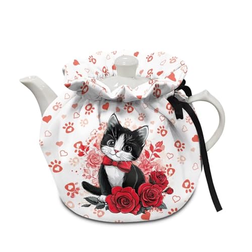 Cat Red Paw and Rose Breakfast Pot Cover - Insulated Dustproof Teapot Cozy