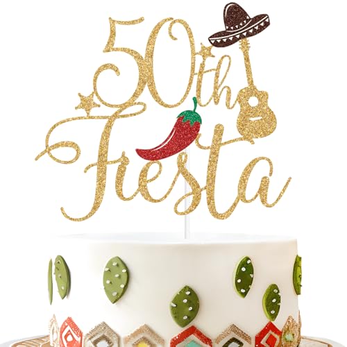 Gold Glitter 50th Fiesta Cake Topper - Mexican Theme Birthday Decor
