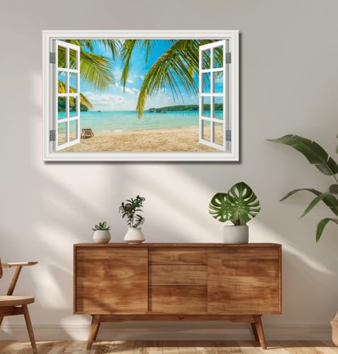 Large Tropical Beach Ocean Canvas Wall Art - Blue Seascape, Ready to Hang, 32x48 Inches, Coastal Living Room Decor - Variation: Palm Tree Style