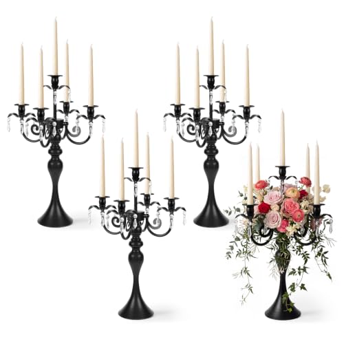 5Arm Crystal Pendant Candle Holder Set - Black Taper Candlesticks for Home Decor, Weddings, Parties