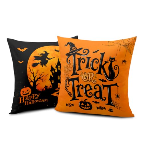 Halloween Outdoor Pillow Covers Set of 2 24x24 Inch Trick or Treat Decor - Orange Black