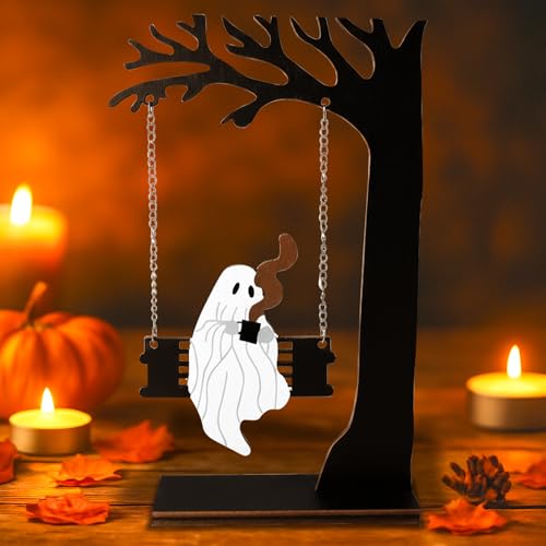 Halloween Tree Decor with Swinging Ghost - Black Halloween Tabletop Accent