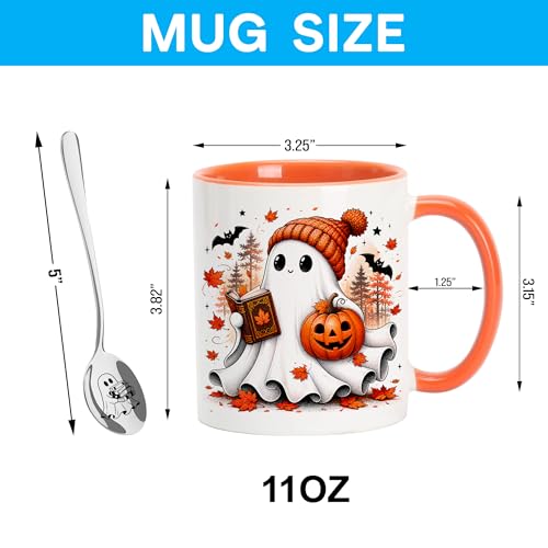 Halloween Ghost Coffee Mug with Spoon - Fall Ghost Gift for Book Lovers - Variation GhoPu26