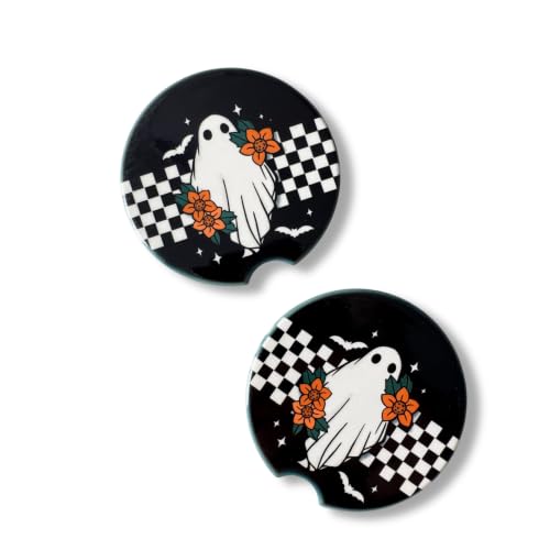 Halloween Car Coaster Set - Spooky Ghost & Bat Design, Absorbent Neoprene, Fits Most Vehicles