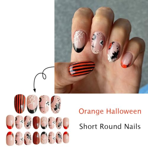 Halloween Medium Almond Press-On Nails with Ghost Bat Pumpkin Spider Web Design - Style8 - 24PCS