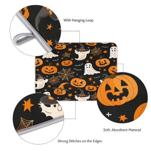 Halloween Dish Drying Mat - 18x24 Inch Pumpkin Ghost Spooky Web Design - Super Absorbent Microfiber Kitchen Counter Mat - Extra Large