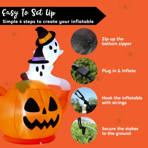 Halloween Inflatable Pumpkin Teapot with Ghosts, Lighted Yard Decor, 5ft Tall