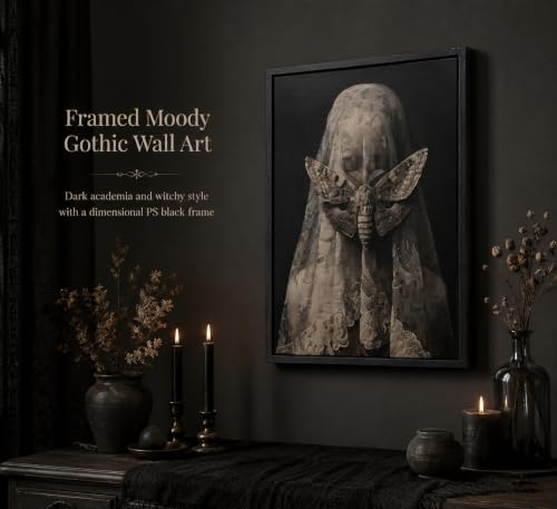 Gothic Veiled Woman and Moth Canvas Wall Art 16x24 Inch - Dark Academia Decor
