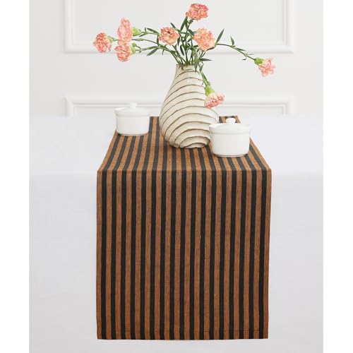 Linen Table Runner 14x90 Inch Pumpkin Black Striped - Handcrafted European Flax
