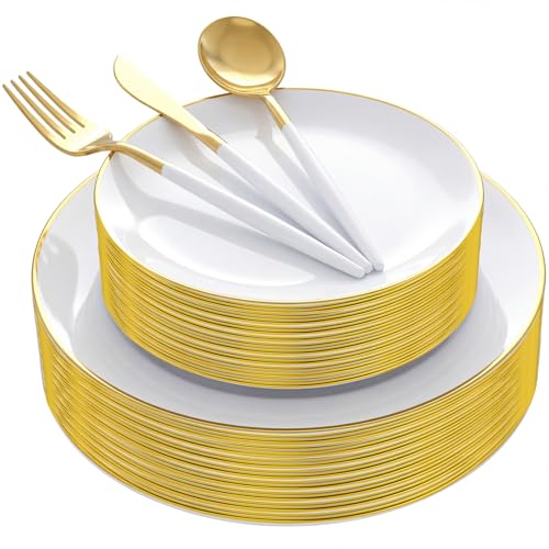 150pcs White and Gold Disposable Dinnerware Set - Heavy Duty Plates & Cutlery for Weddings & Parties