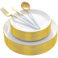 150pcs White and Gold Disposable Dinnerware Set - Heavy Duty Plates & Cutlery for Weddings & Parties