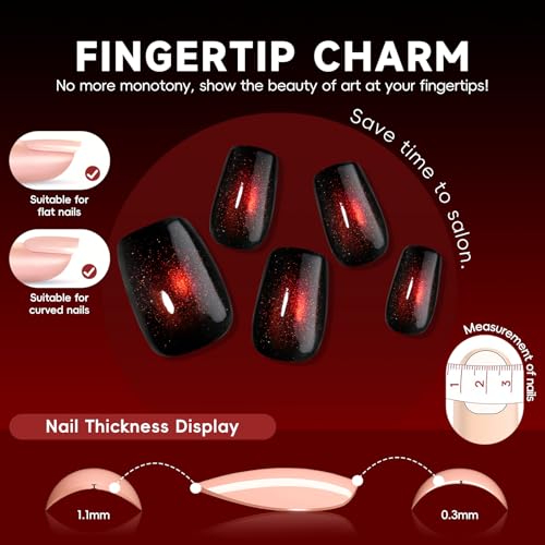 Press-On Nails Short Square Cherry & Black Red Cat Eye Design - 24pcs, Reusable Gel, Easy Application